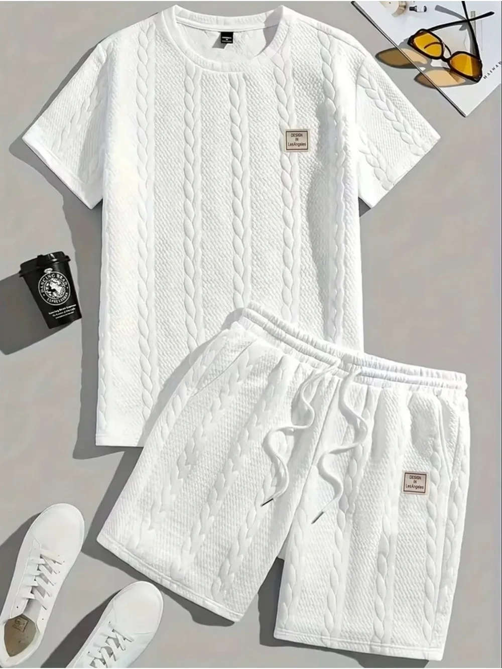 Men's White Cable-Knit Short Sleeve Tee & Shorts Set
